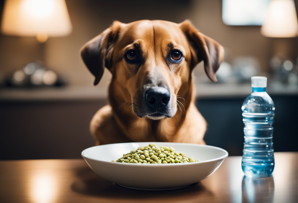 A dog sitting in a clean, allergen-free environment, with a bowl of hypoallergenic food and water nearby