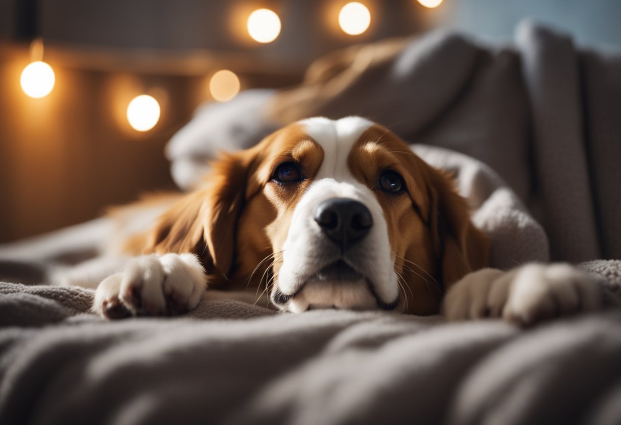 A happy dog lies on a plush, heated bed, surrounded by cozy blankets and pillows, with a soft glow emanating from the warmth