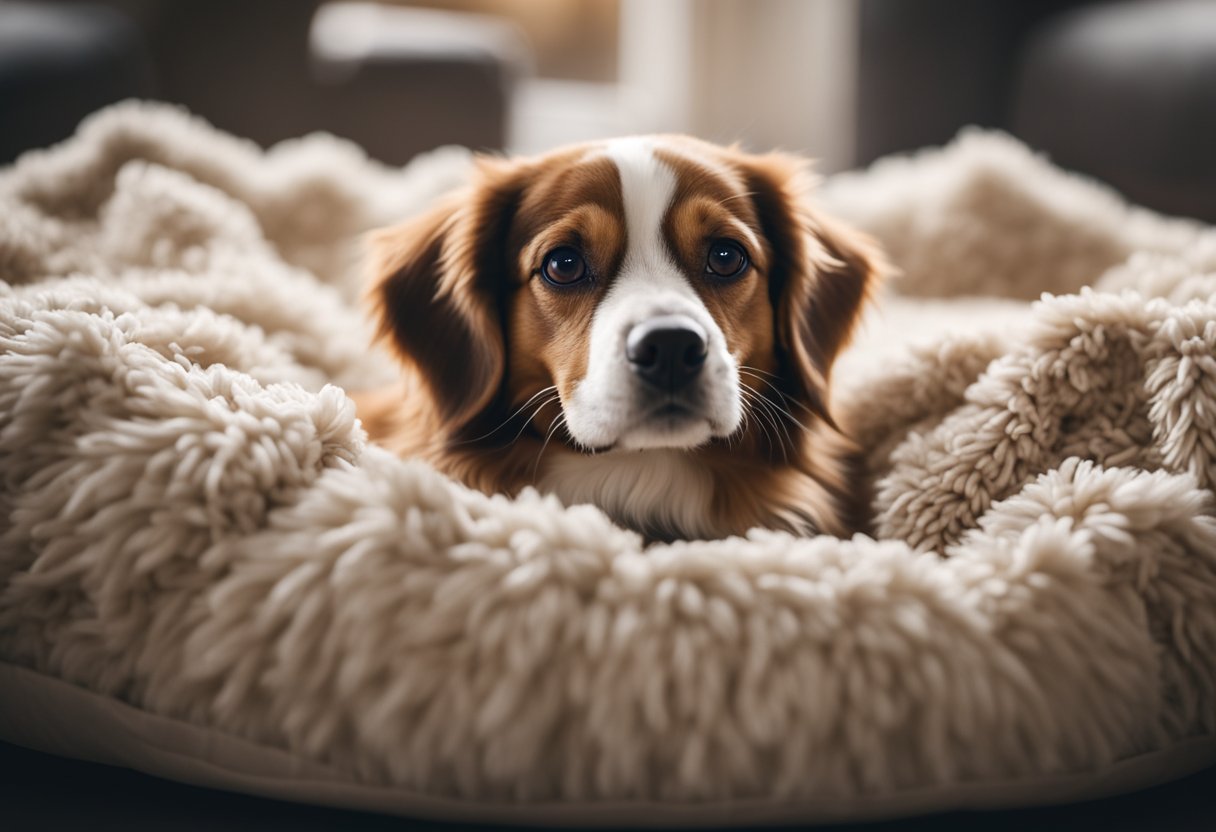 A cozy dog bed with a plush, heated surface. A small, contented dog lounges comfortably, surrounded by warmth