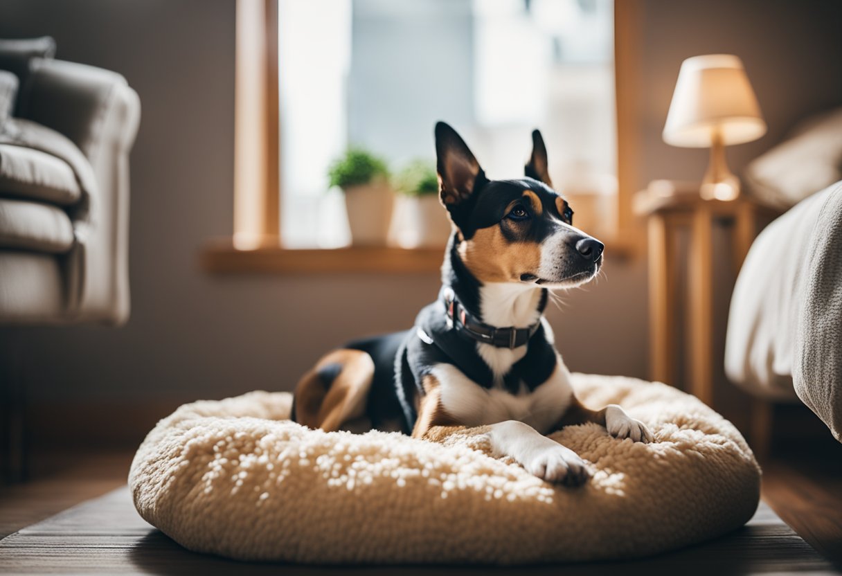 A cozy dog bed with a plush, heated surface, surrounded by soft, supportive walls. A happy dog lounges comfortably, basking in the warmth