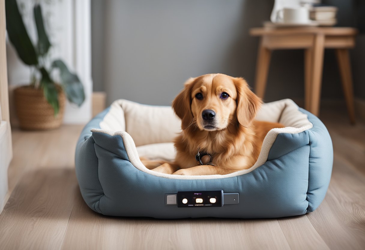 A cozy dog bed plugged into an outlet, with a warm, soft interior and a small control panel for adjusting the temperature