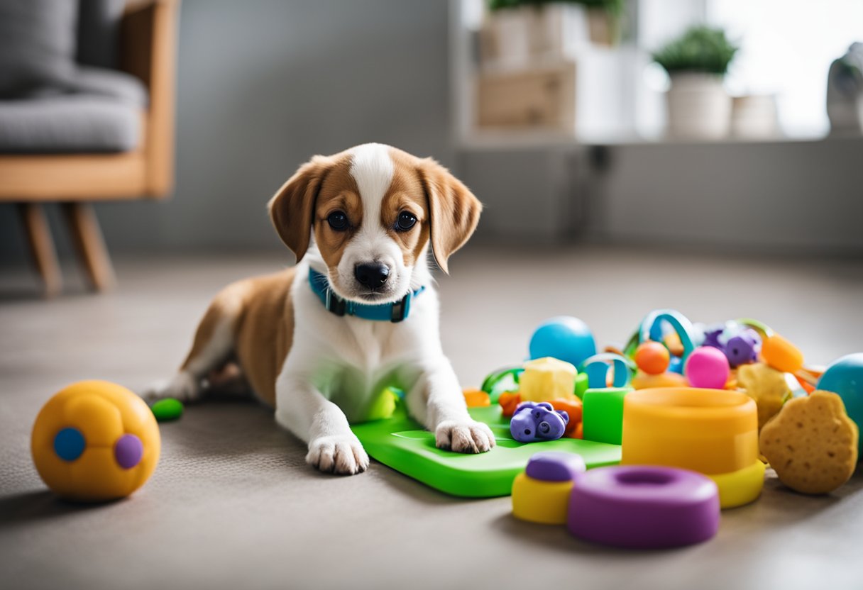 A puppy sitting attentively, surrounded by toys and treats. A clicker and leash are nearby. A training book is open to a page on positive reinforcement