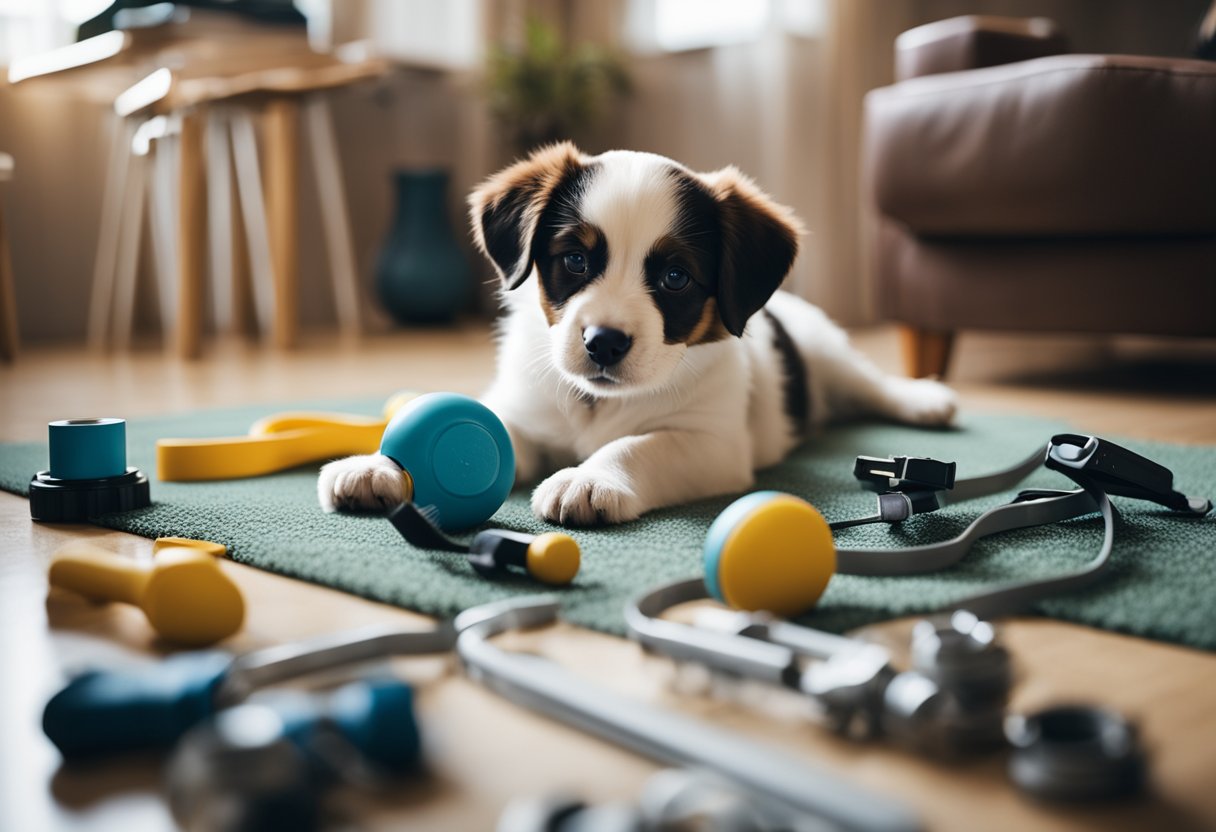 A playful puppy surrounded by various training tools and resources