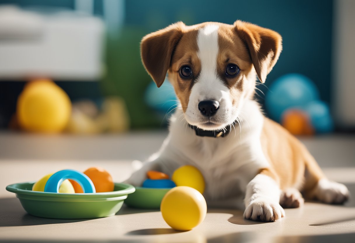 A playful puppy sitting next to a bowl of water and a pile of toys, with a wagging tail and attentive eyes