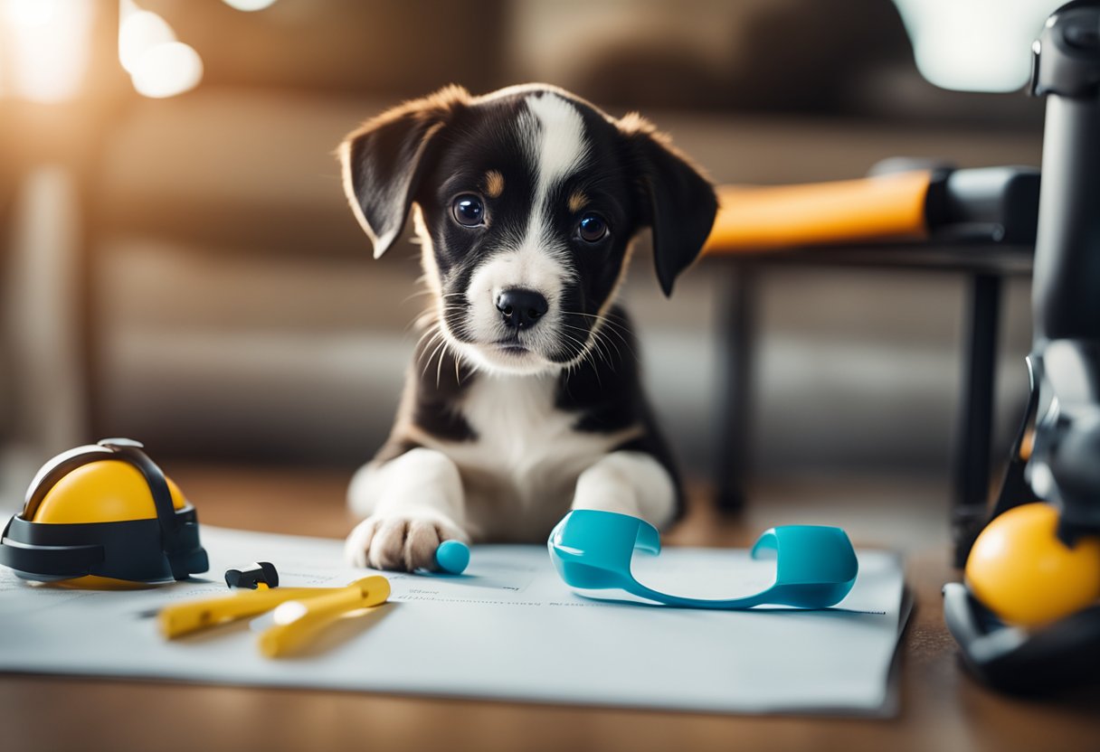 A playful puppy surrounded by training tools and a list of frequently asked questions about puppy training