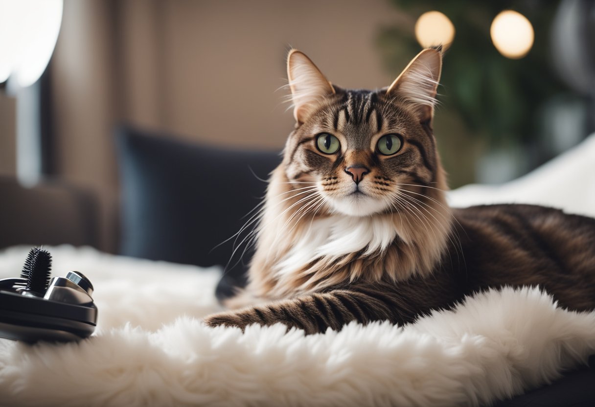 A sleek, well-groomed cat lounges contentedly on a plush cushion, surrounded by grooming tools and products. The cat's fur is shiny and tangle-free, showcasing the benefits of professional cat grooming