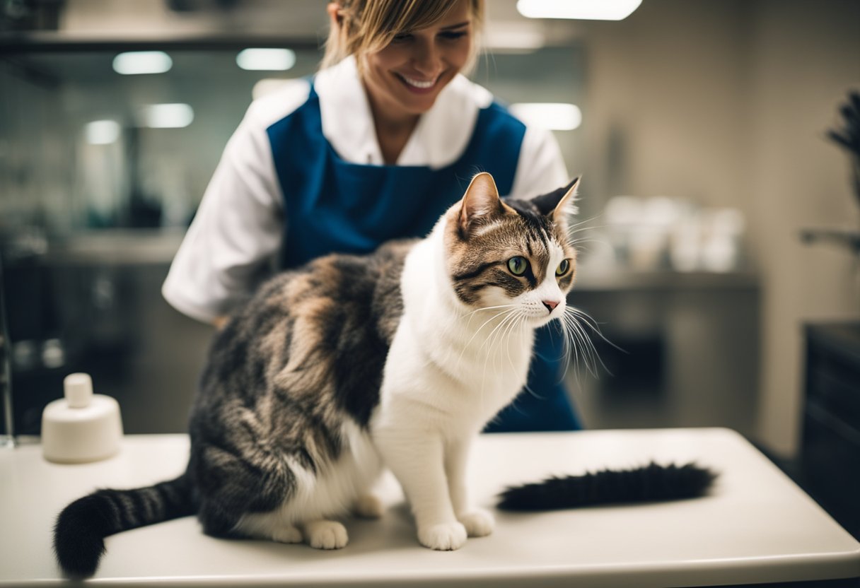 A cat groomer carefully brushes a contented feline, creating a calm and soothing environment. The cat's fur shines, and its relaxed demeanor reflects the benefits of professional grooming