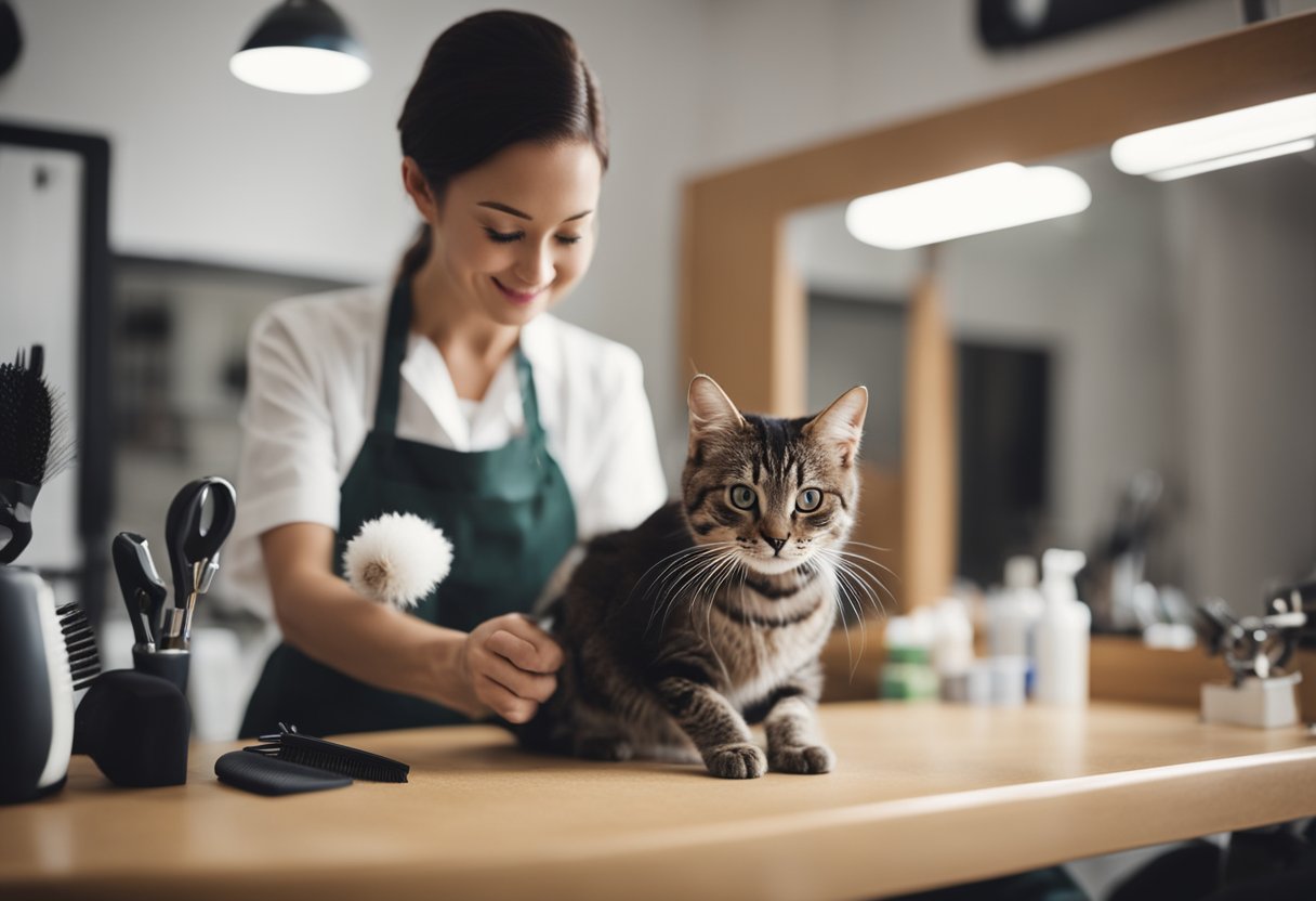 A professional cat groomer carefully trims and brushes a contented feline in a bright, clean salon setting. The groomer's tools and products are neatly organized on a nearby table