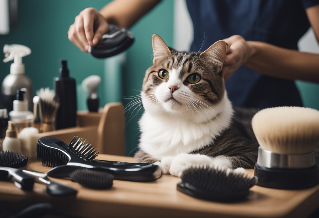 A well-groomed cat being pampered by a professional groomer, surrounded by grooming tools and products, with a satisfied expression on its face