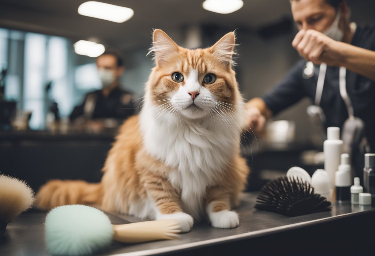 A cat sitting calmly in a grooming salon, surrounded by professional grooming tools and products. A groomer is skillfully trimming the cat's fur, while another is gently brushing its coat