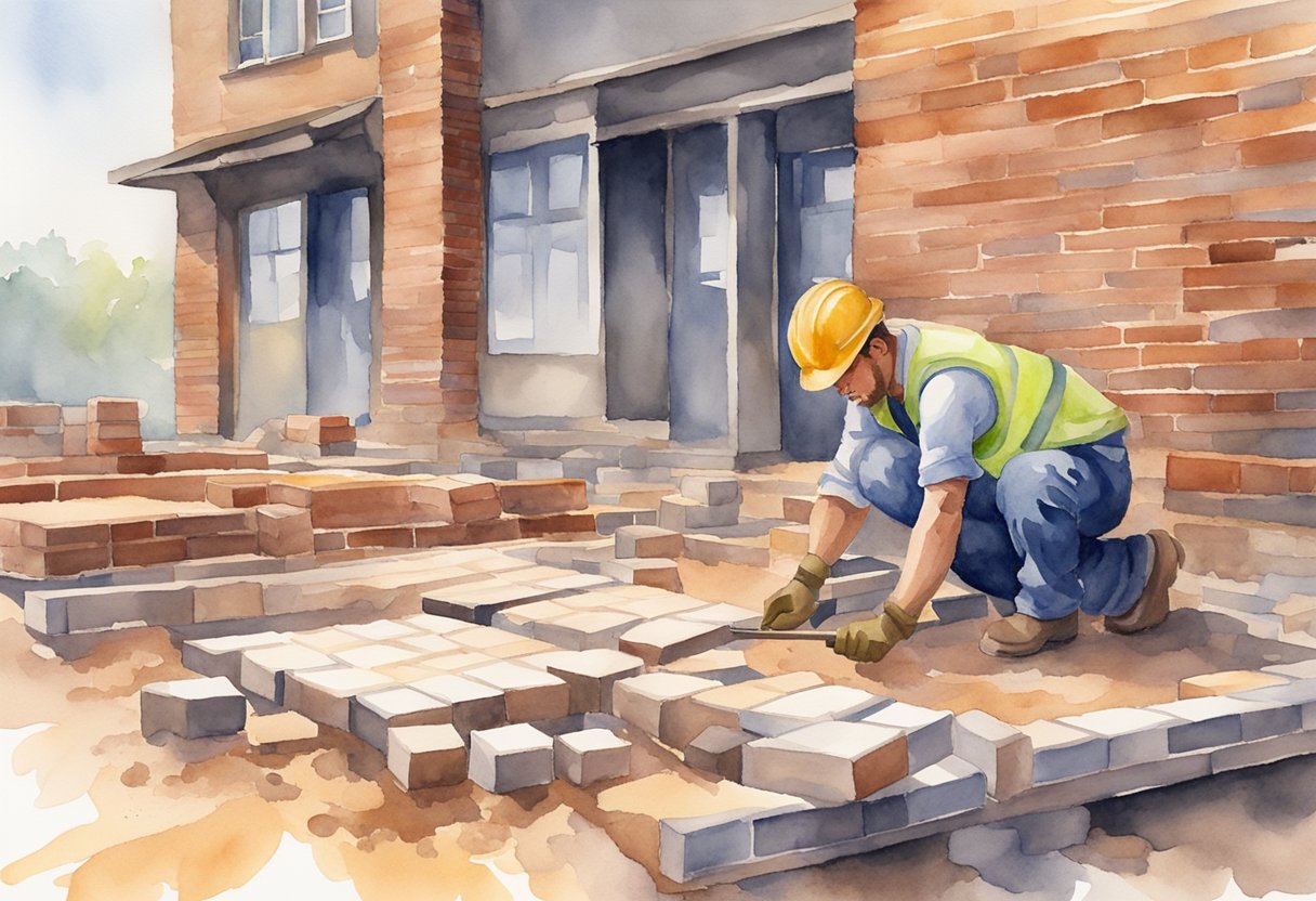 A construction worker lays bricks, creating a solid foundation for freelance writers. The site is bustling with activity and potential