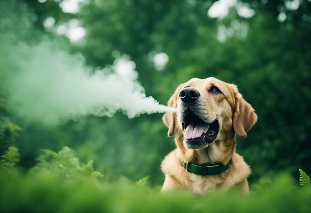 A dog with a guilty expression, surrounded by a cloud of green gas
