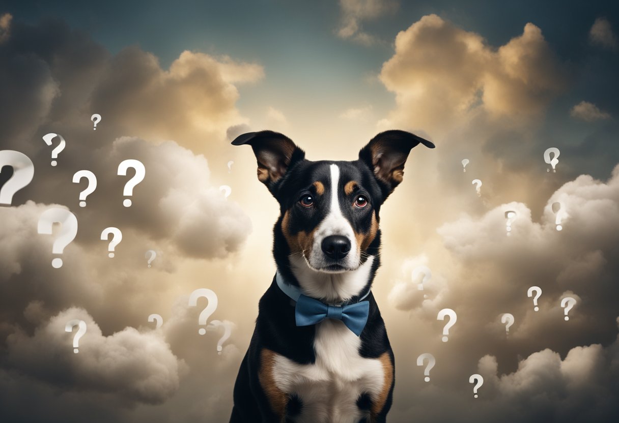 A dog with a curious expression, surrounded by question marks and gas clouds