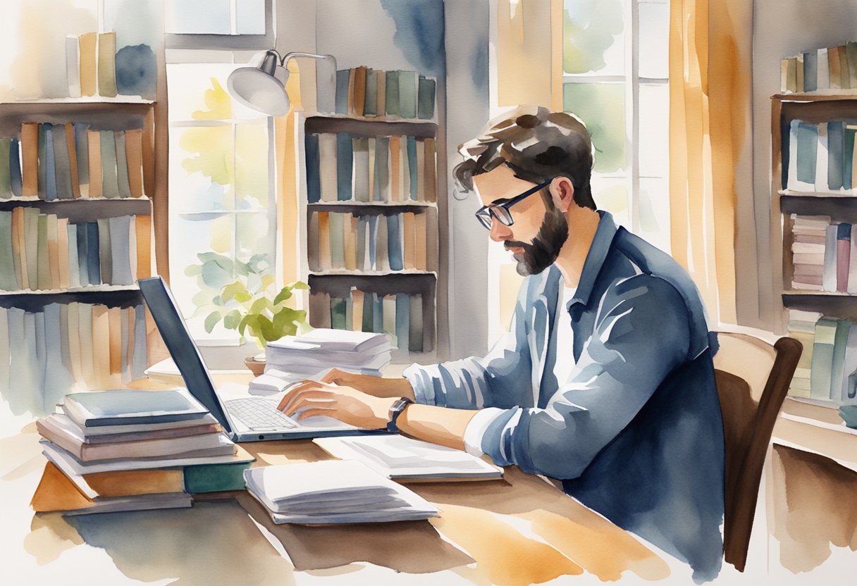 A writer sits at a desk, surrounded by books and a laptop. They are focused and determined, typing away with a look of concentration on their face. The room is filled with natural light, creating a peaceful and productive atmosphere