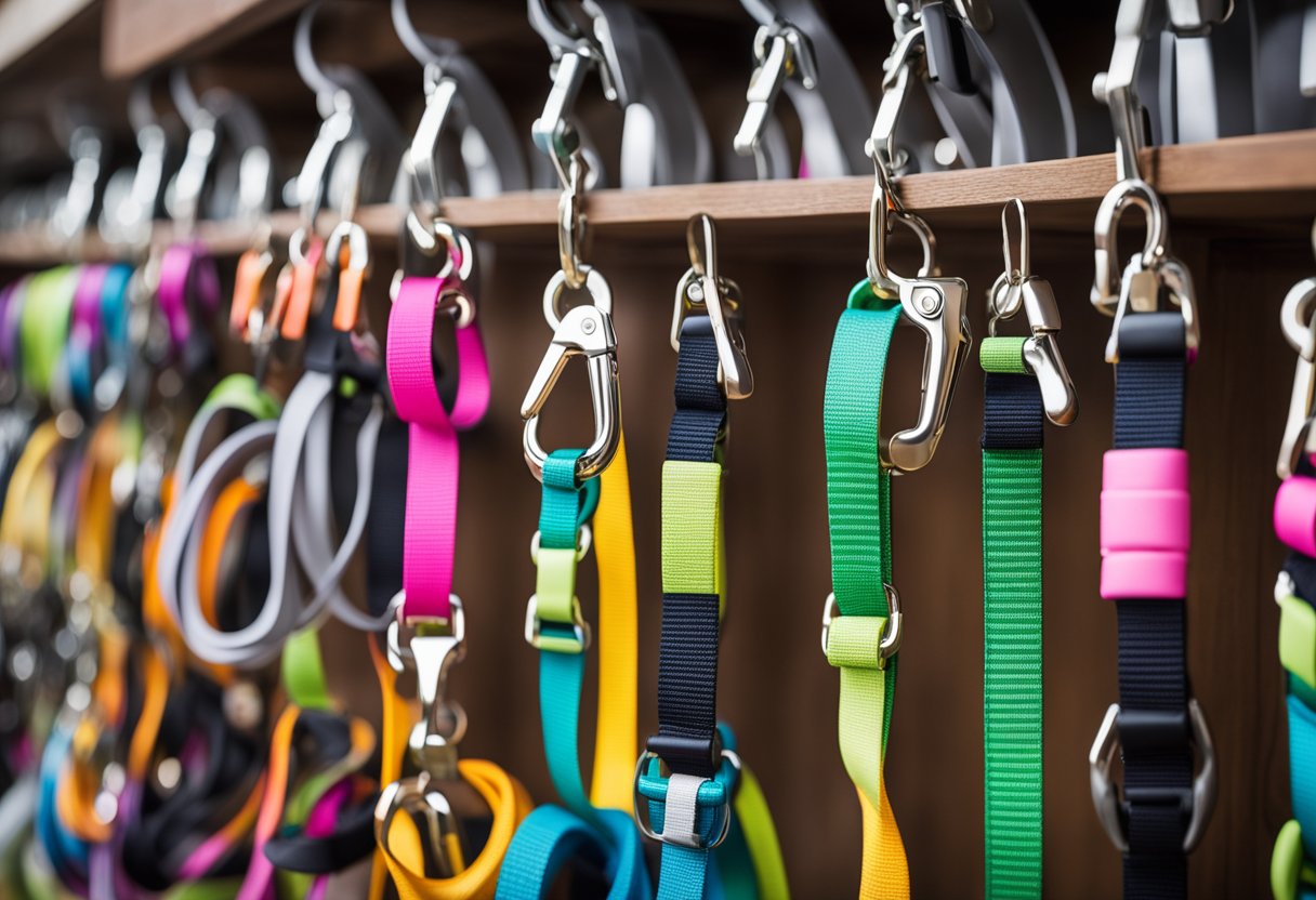 A variety of retractable dog leashes displayed on a shelf, with different colors and sizes, showcasing the 10 options available for pet owners