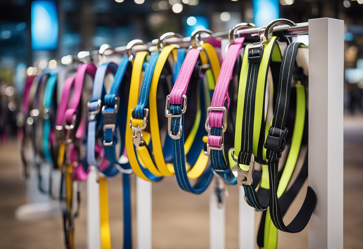 A variety of retractable dog leashes arranged on a display stand, with each leash showcasing different features and designs