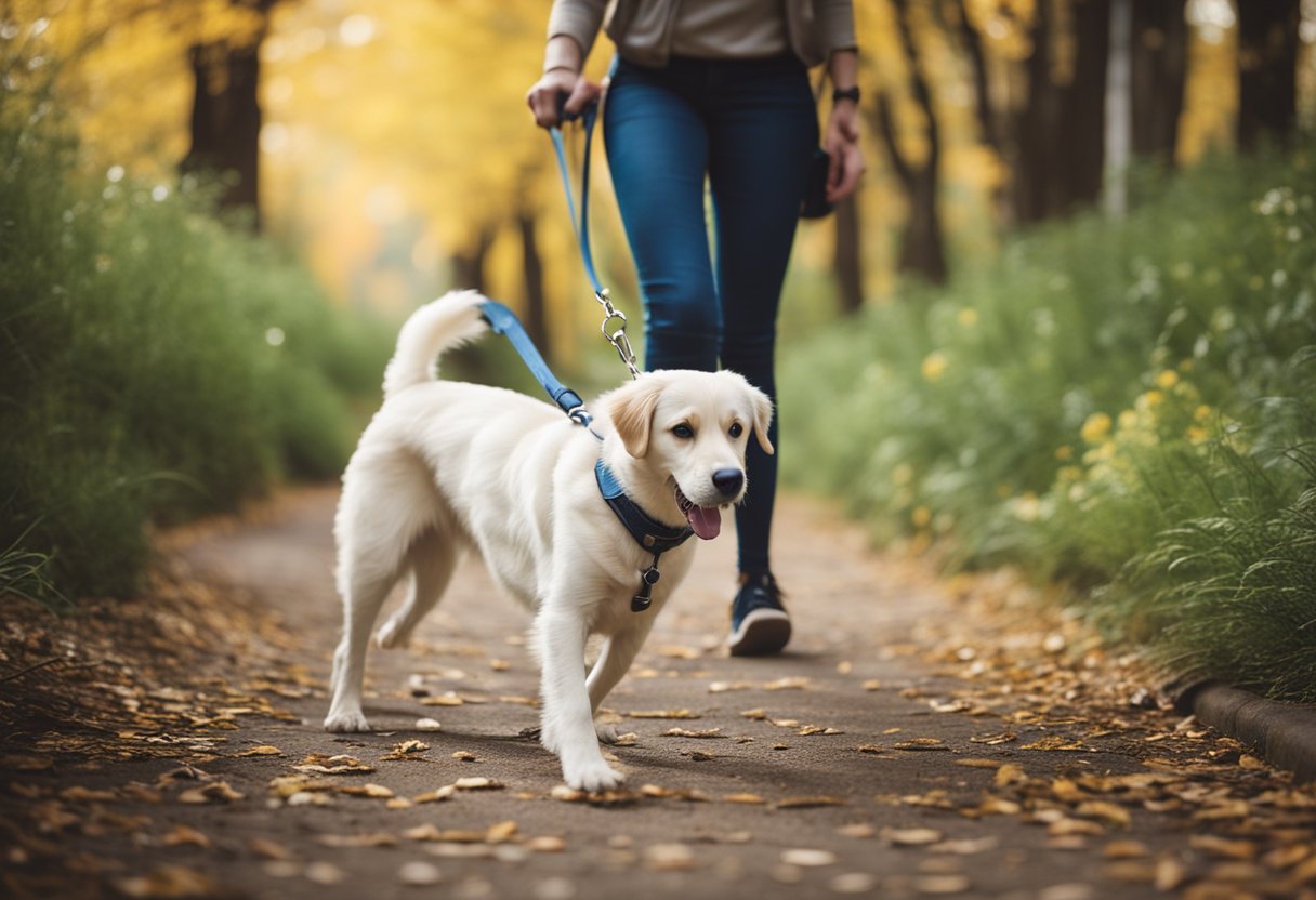 A dog walking on a path with a retractable leash attached to its collar, surrounded by various options of retractable dog leashes
