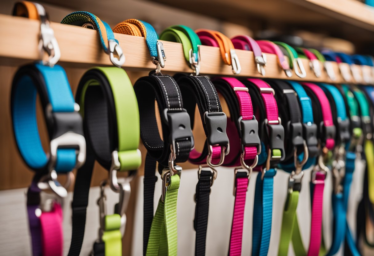 A group of 10 retractable dog leashes displayed on a shelf, each with different colors and designs, with a happy dog walking on a leash in the background