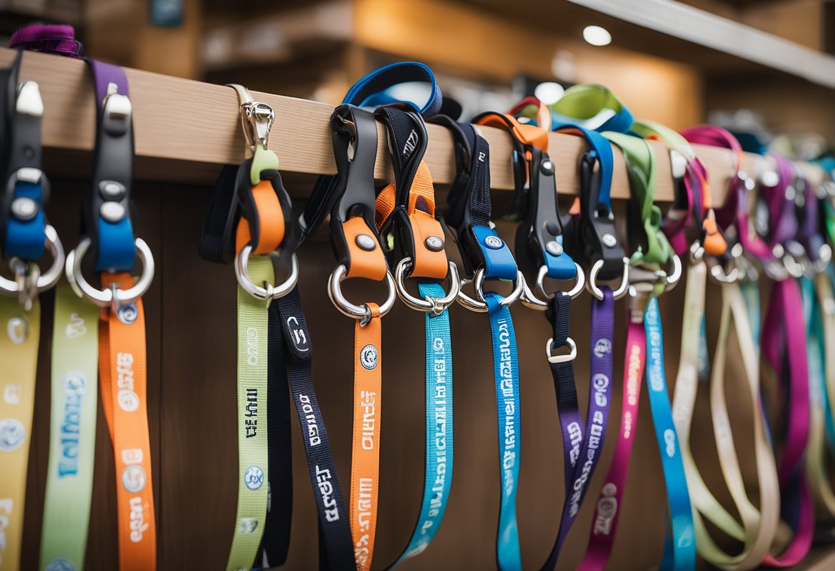 A variety of retractable dog leashes displayed on a shelf, with labels showing "Frequently Asked Questions" and "10 options for your pet."