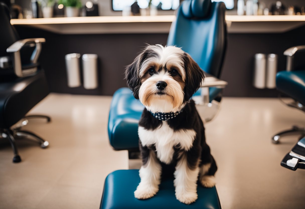 A dog sits between a cozy pet home service setup and a sleek salon grooming station, considering the pros and cons of each
