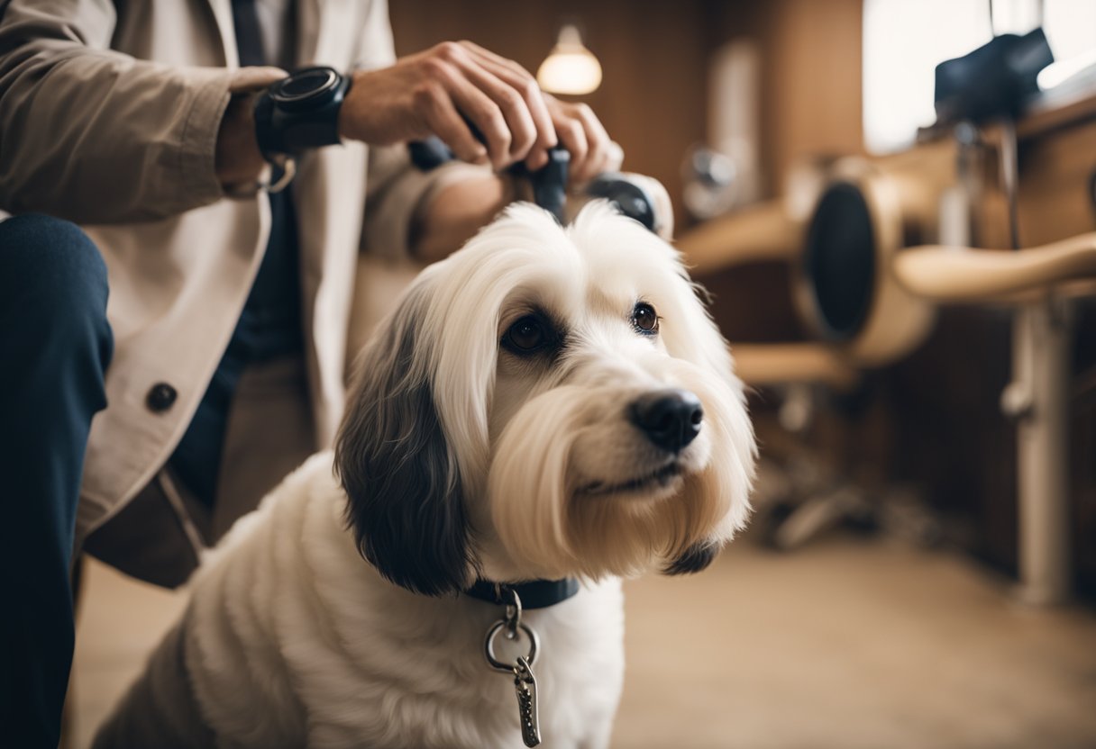 A dog sitting comfortably in a home environment with a groomer attending to it, while another dog is being groomed in a salon setting