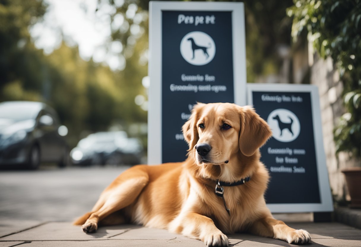 A dog sitting in front of two signs: one for a pet home service and the other for a salon grooming. The dog looks contemplative, as if considering the pros and cons of each option