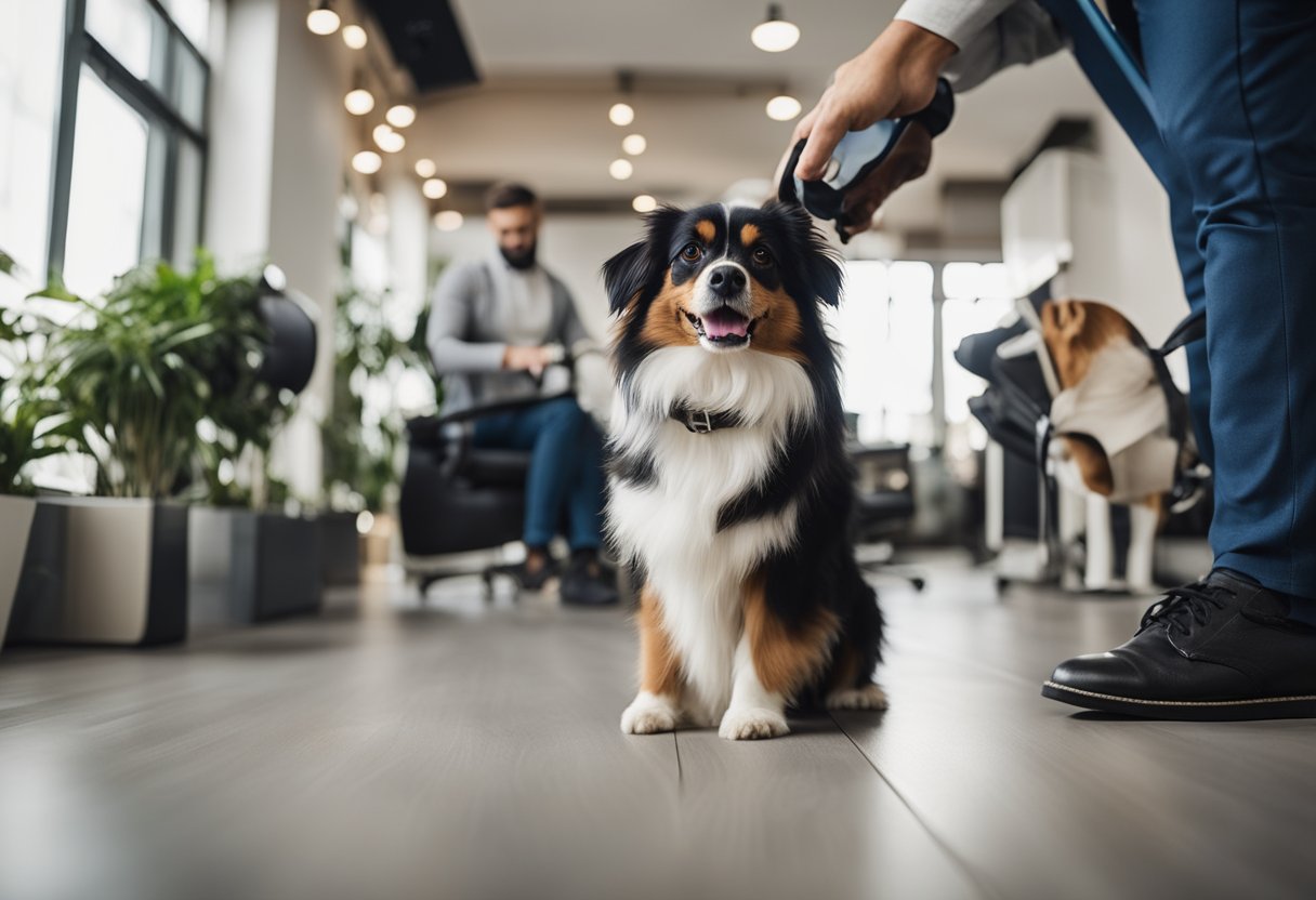 A busy pet home service with happy animals vs a stylish salon grooming with pampered pets. Both have their advantages and drawbacks