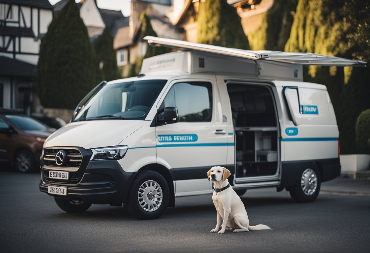 A dog sits between a home service van and a salon, pondering the pros and cons of each option. Tools and products are displayed, representing the different grooming methods