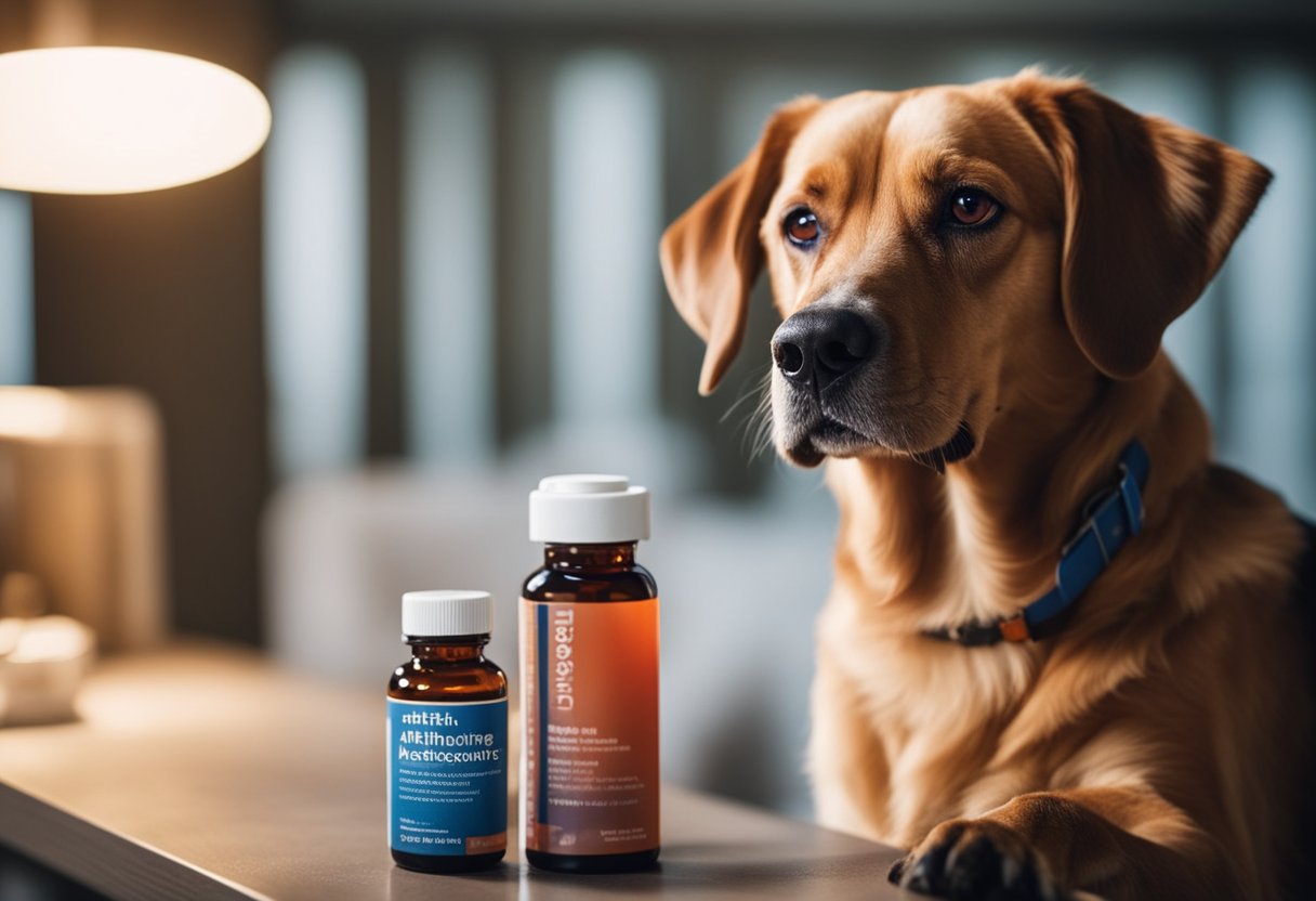A dog with a red, itchy rash and watery eyes, alongside a bottle of antihistamine medication and a pamphlet on pet allergies