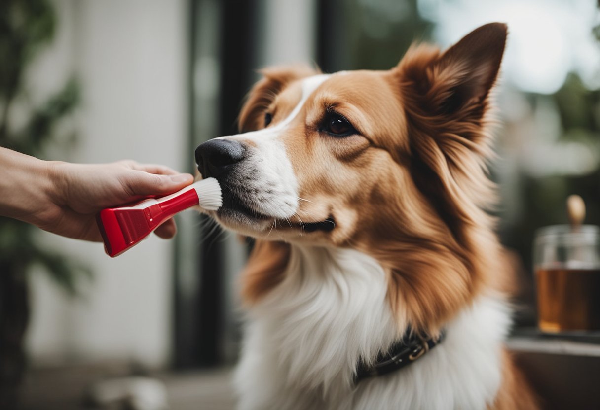 A dog with a red, itchy rash. A person holding allergy medication and a dog brush