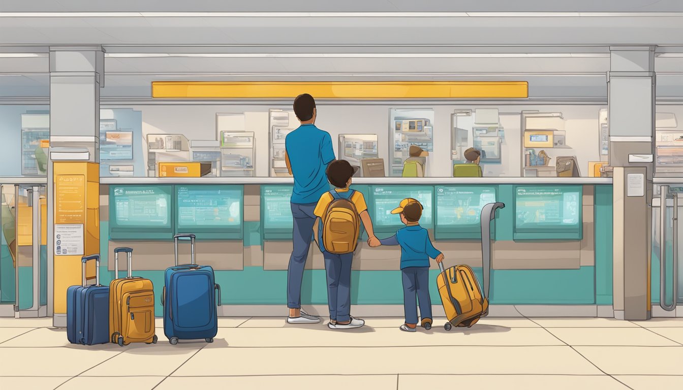 A child's suitcase sits by the airline counter. A staff member assists a parent, while a sign displays "Unaccompanied Minor Services."