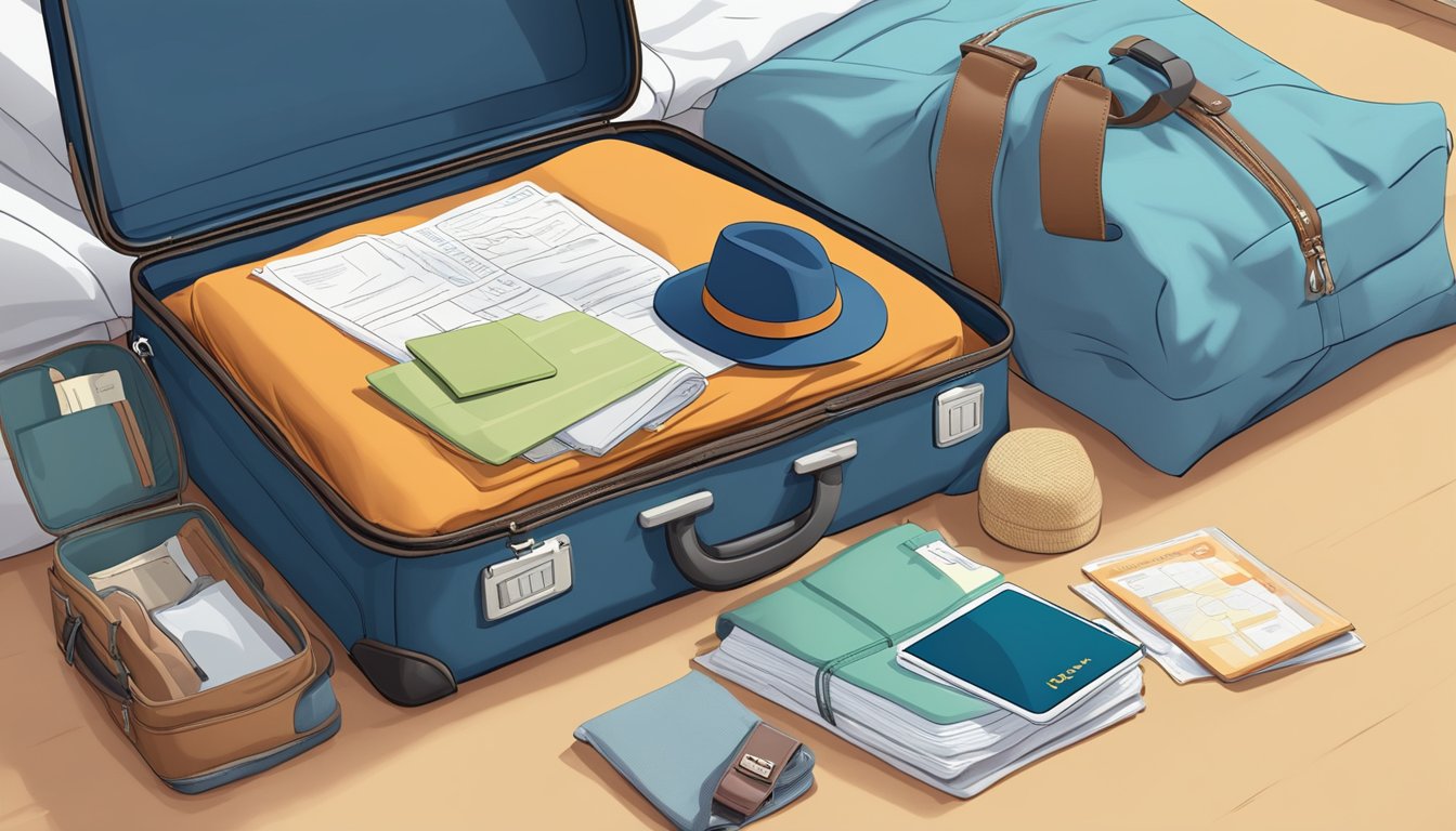A suitcase sits open on a bed, filled with clothes and travel essentials. A passport and boarding pass are laid out on a nearby table, ready for the journey