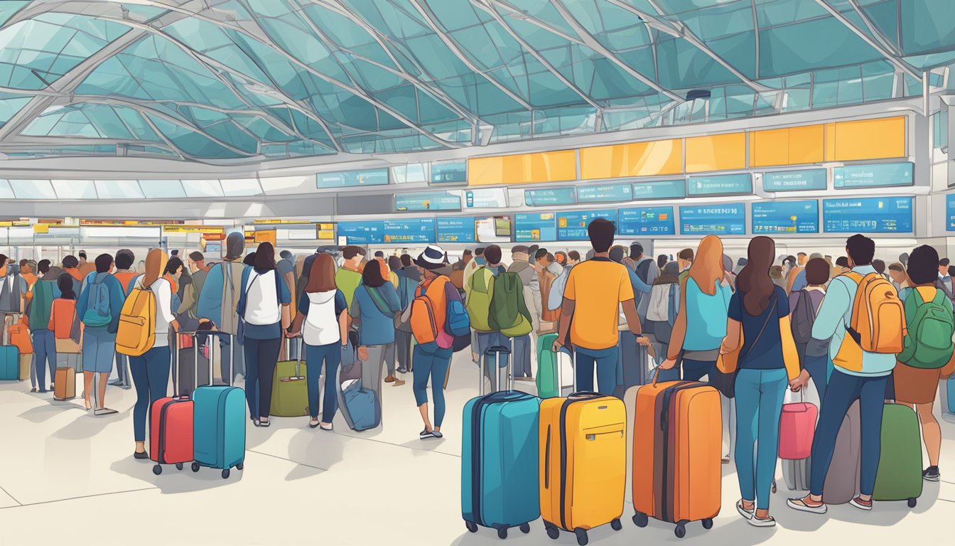 A bustling airport terminal with a young traveler standing in line at the check-in counter, surrounded by luggage and bustling crowds