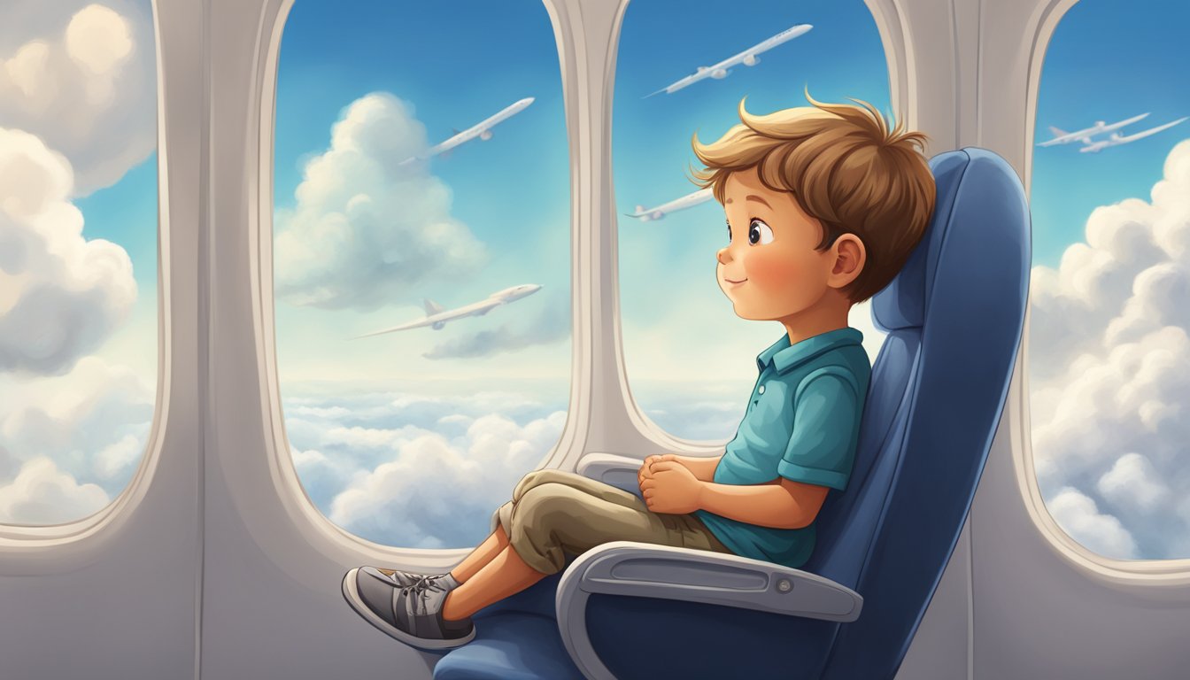 A young child sits alone in an airplane seat, gazing out the window at the clouds below, with a sense of wonder and excitement on their face