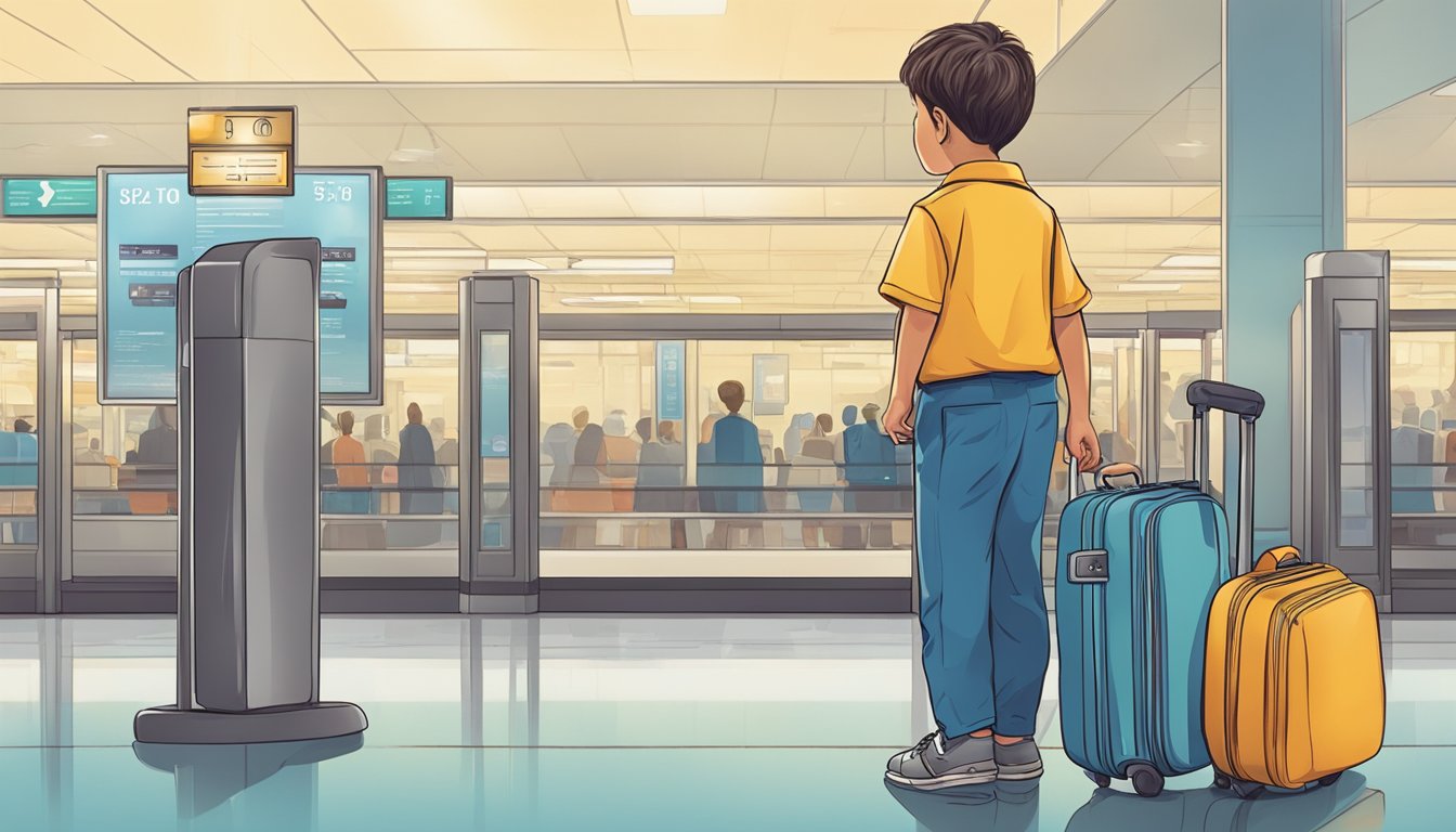 A child approaches an airline counter with a suitcase, looking up at the attendant with a questioning expression