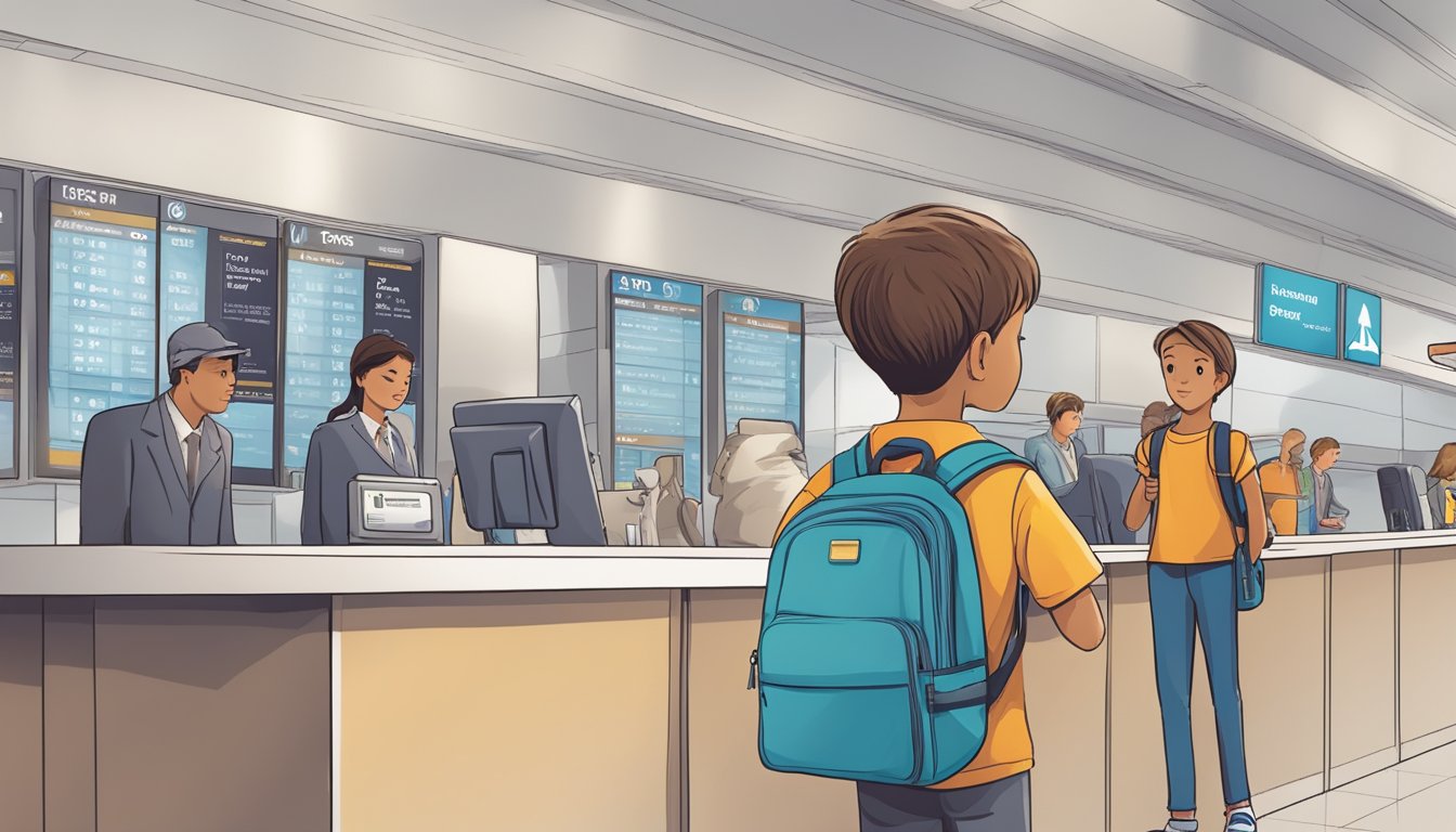 A young child stands at the airport check-in counter, holding a boarding pass and looking up at the airline staff. Signs indicate "Unaccompanied Minor" services available