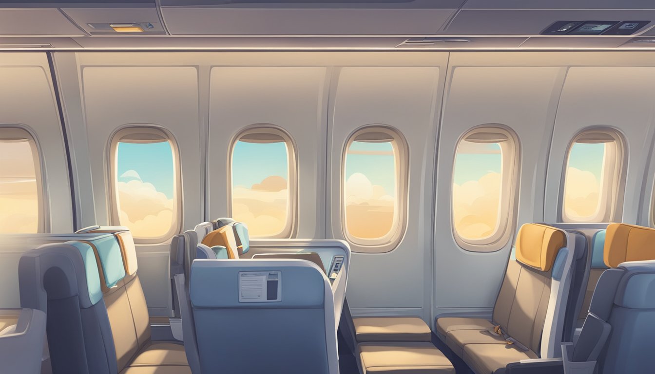 A calm, empty airplane cabin with a clear "Tips for a Stress-Free Solo Flight" sign and a "How Old Do You Have to Be to Fly Alone?" brochure on the seat