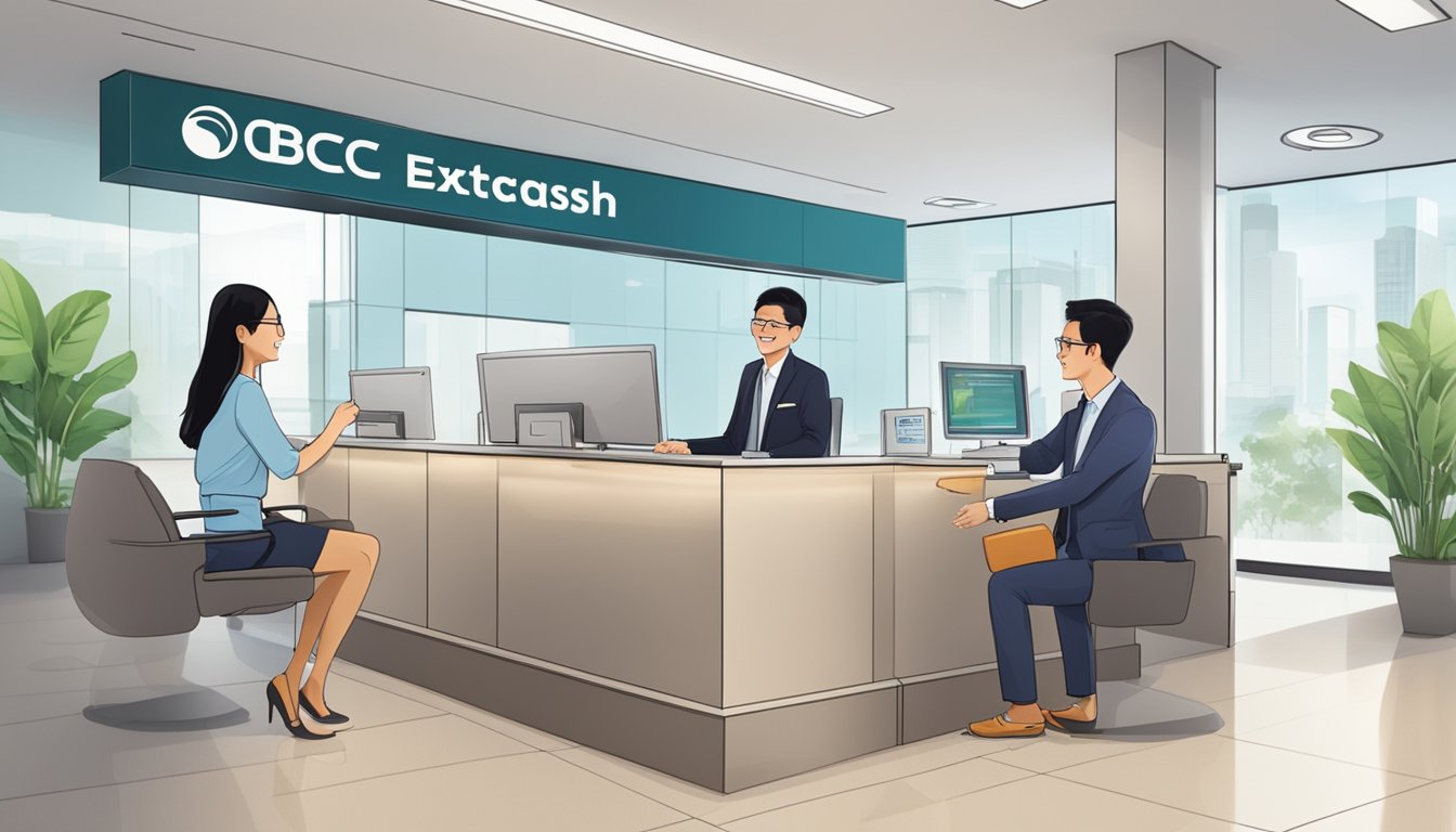 A smiling customer receives approval for an OCBC ExtraCash Loan in a modern Singapore bank branch