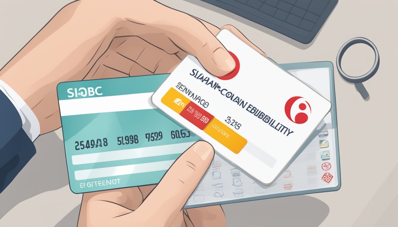 A hand holding a Singaporean identification card with the OCBC logo, next to a checklist of loan eligibility criteria