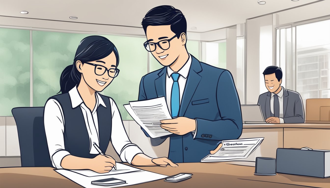 A Singaporean customer receives approval for an OCBC ExtraCash loan, with a bank representative presenting the loan agreement for signing