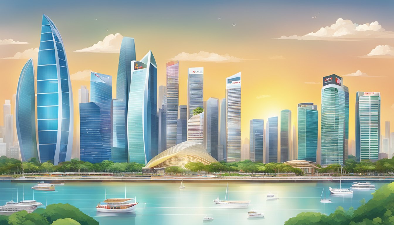 A colorful display of promotional banners and offers for OCBC ExtraCash Loan, with review and comparison charts, set against the backdrop of the Singapore skyline