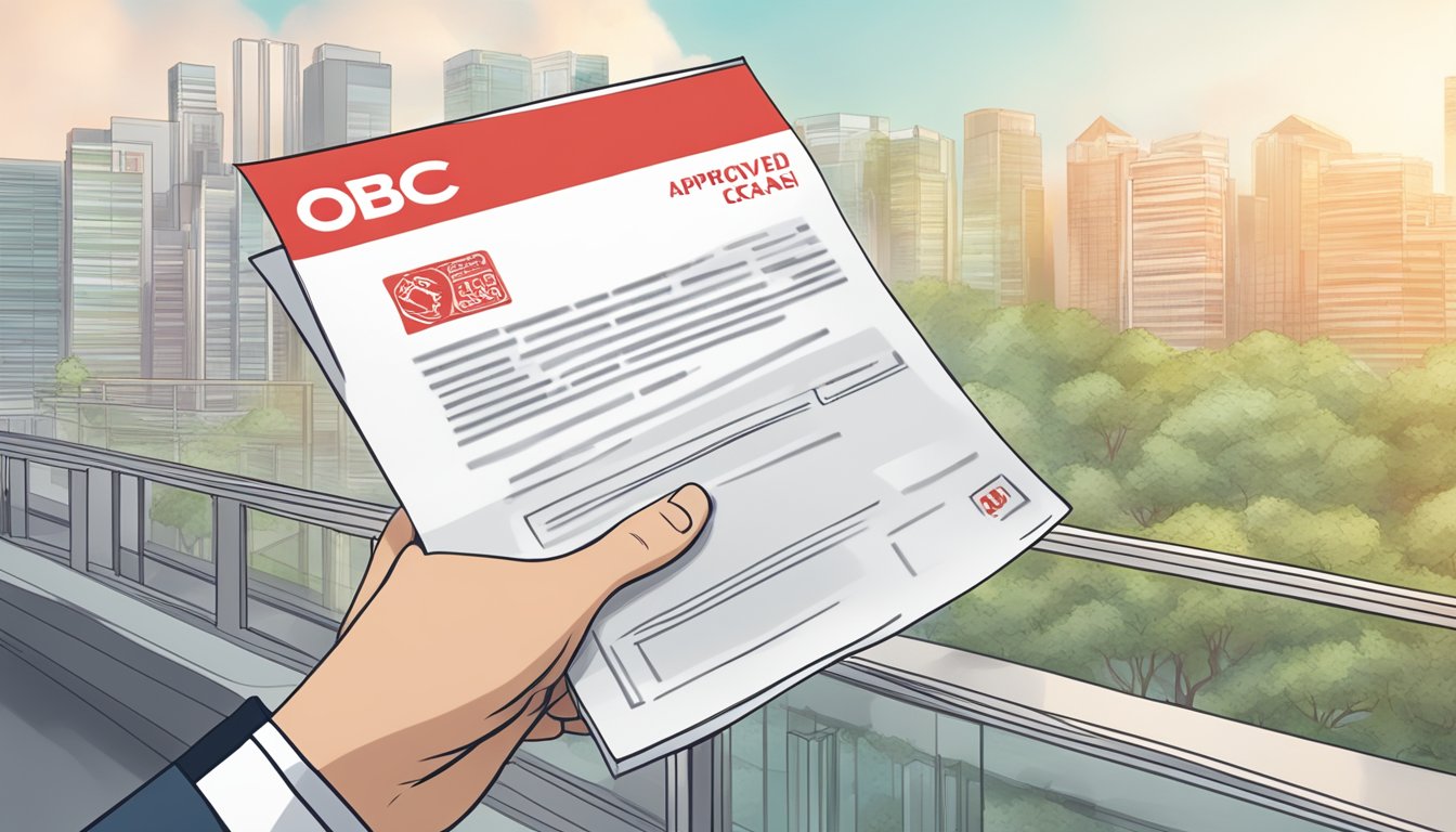 A hand holding an approved OCBC ExtraCash loan letter with promotional banners in the background