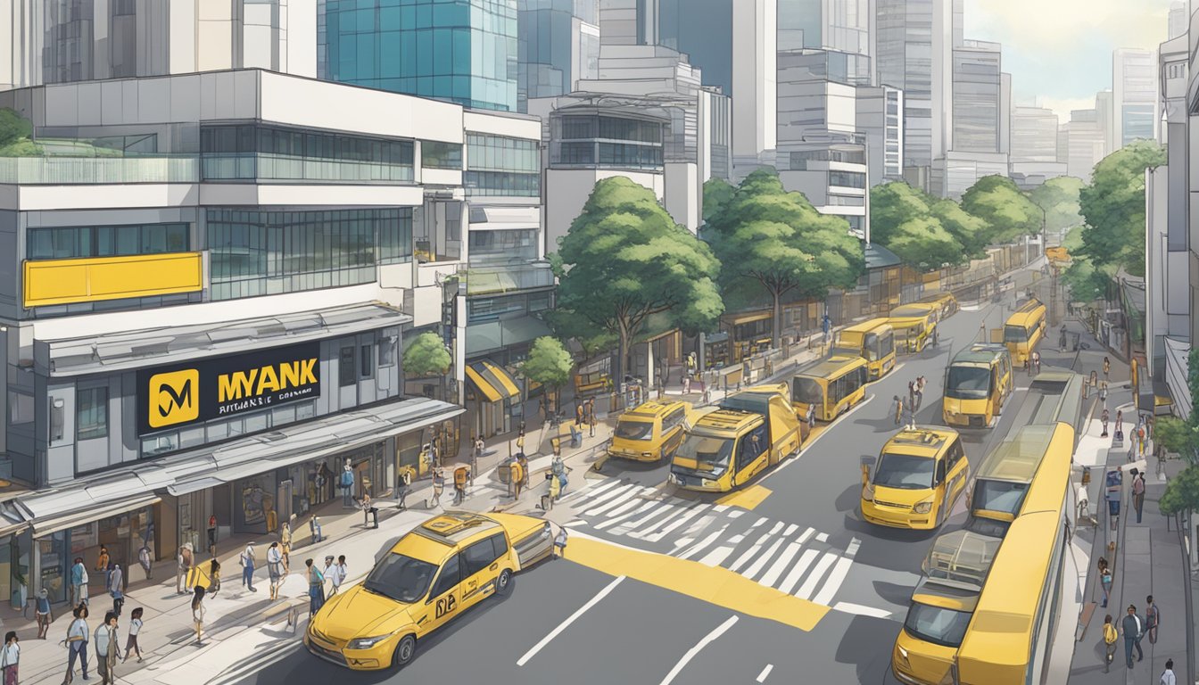 An aerial view of a bustling Singapore street with Maybank Creditable Term Loan signage and people walking by