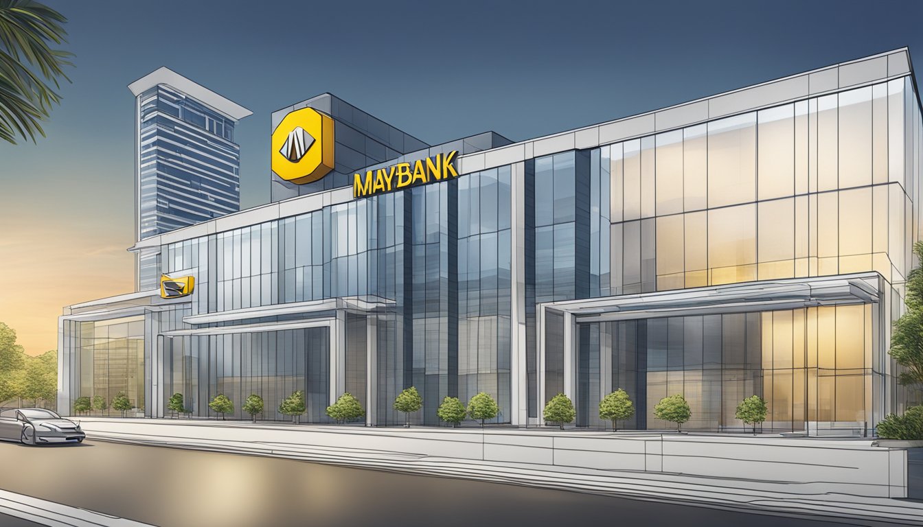 A bank logo on a sleek, modern building with "Loan Features and Terms" displayed prominently. A chart comparing Maybank creditable term loan reviews in Singapore