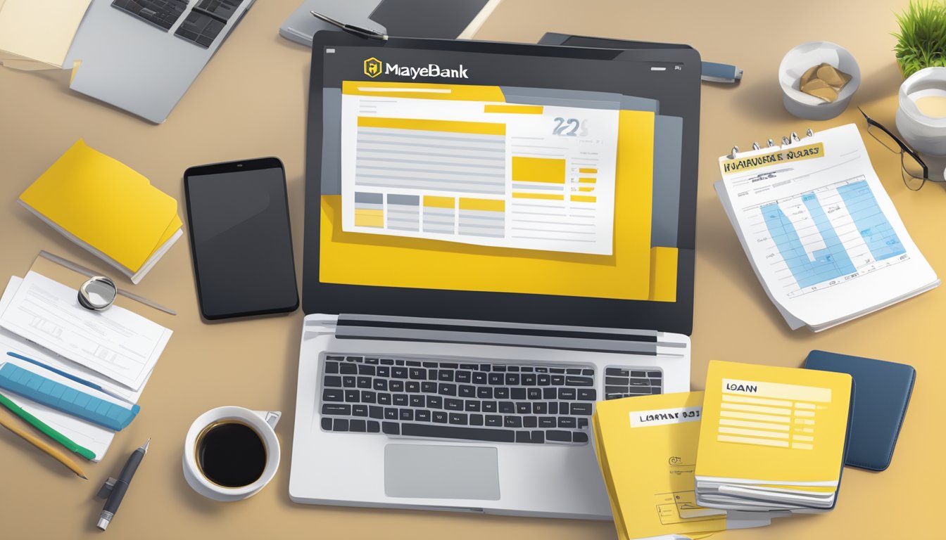 A table with a laptop, calculator, and paperwork showing various loan fees and charges. A Maybank logo is visible in the background