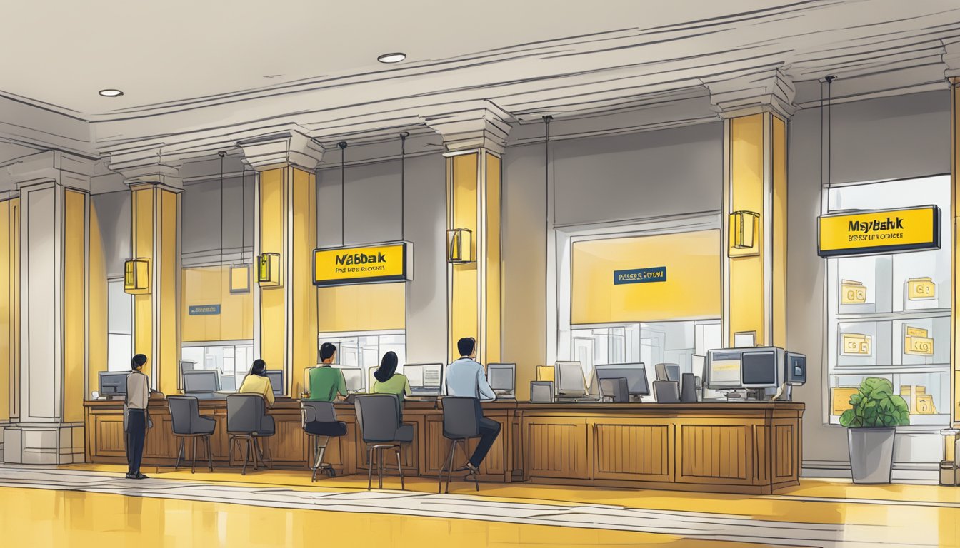 A brightly lit bank branch with a row of desks and a sign displaying "Additional Services and Features Maybank Creditable Term Loan Reviews and Comparisons Singapore."