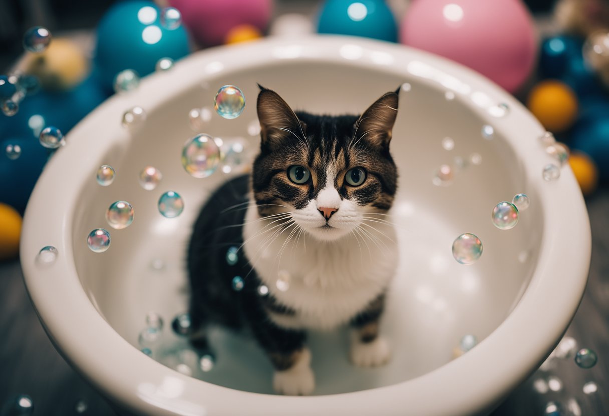 An indoor cat lounges in a bathtub, surrounded by bubbles and toys, while a person holds a brush and shampoo nearby