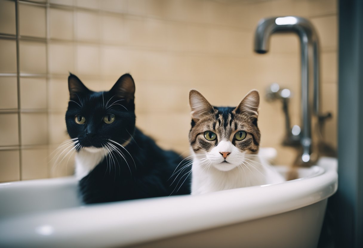 Two indoor cats in a bathtub, one being gently washed with soap while the other looks on curiously