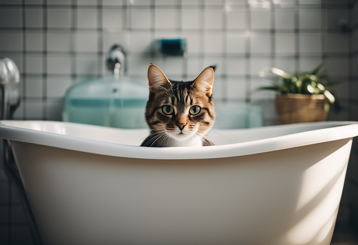 An indoor cat sitting in a bathtub with water and soap nearby