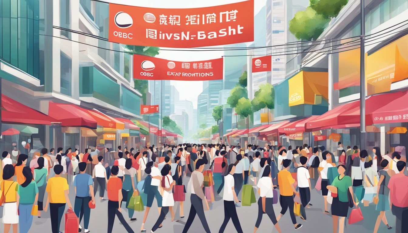 A crowded Singapore street with colorful banners advertising OCBC ExtraCash loan promotions and offers